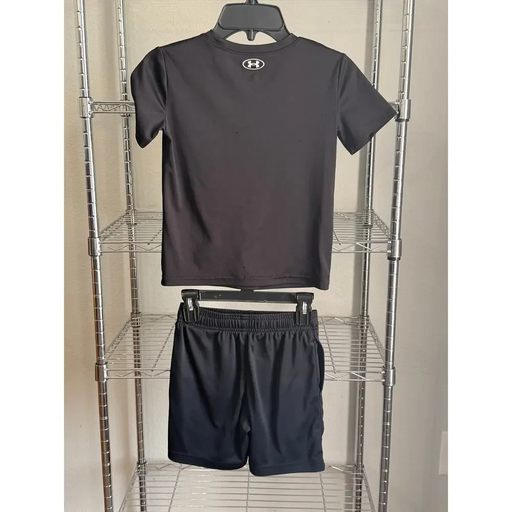 Under Armour Boys Black Tee & Neon Yellow Logo Shorts Set Size 6